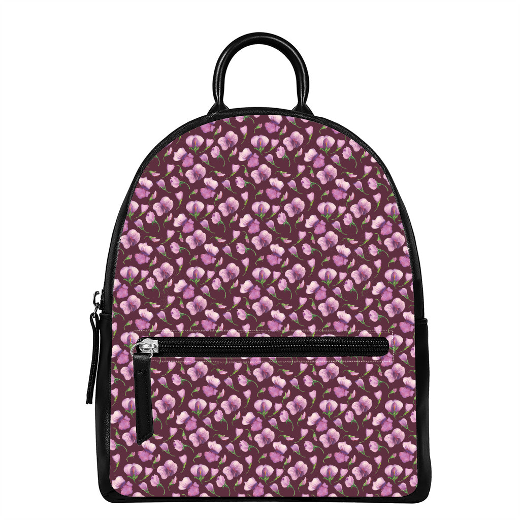 Watercolor Sweet Pea Pattern Print Leather Backpack