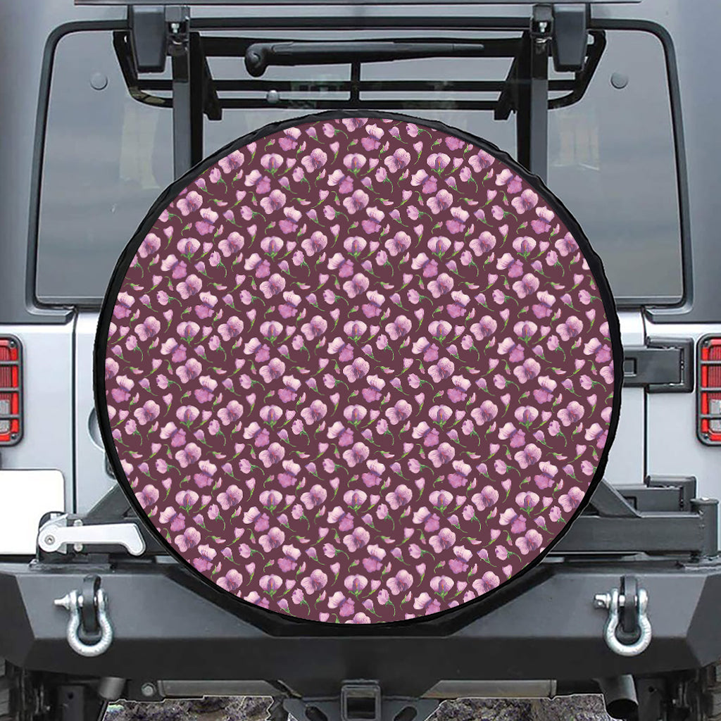 Watercolor Sweet Pea Pattern Print Leather Spare Tire Cover