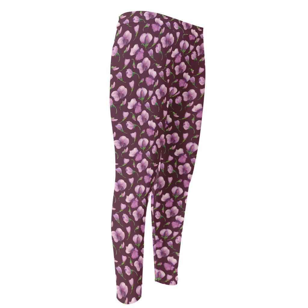 Watercolor Sweet Pea Pattern Print Men's Compression Pants