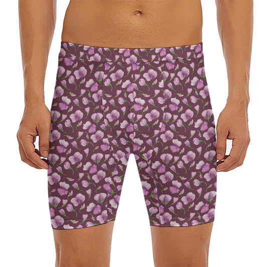 Watercolor Sweet Pea Pattern Print Men's Long Boxer Briefs