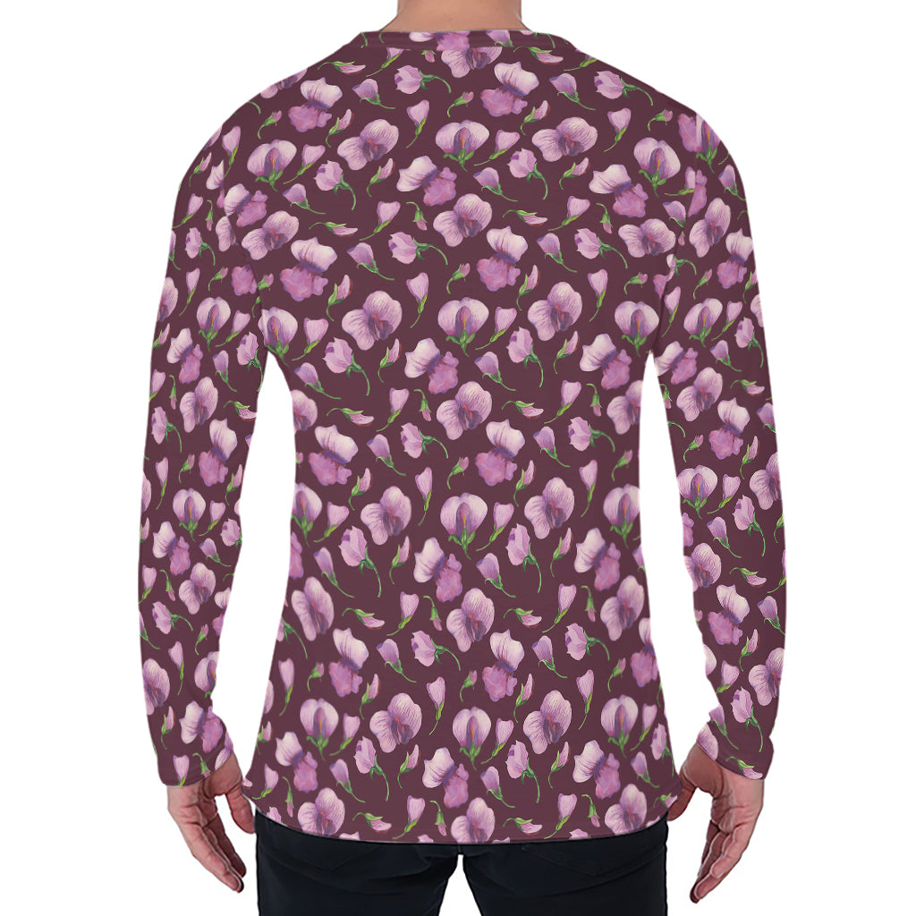 Watercolor Sweet Pea Pattern Print Men's Long Sleeve T-Shirt