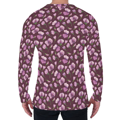 Watercolor Sweet Pea Pattern Print Men's Long Sleeve T-Shirt