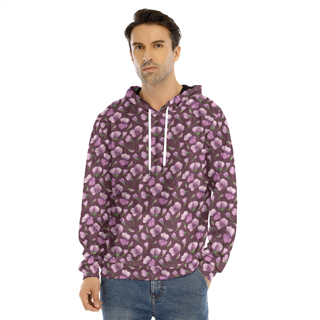 Watercolor Sweet Pea Pattern Print Men's Velvet Pullover Hoodie