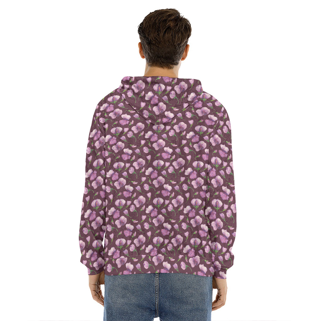 Watercolor Sweet Pea Pattern Print Men's Velvet Pullover Hoodie