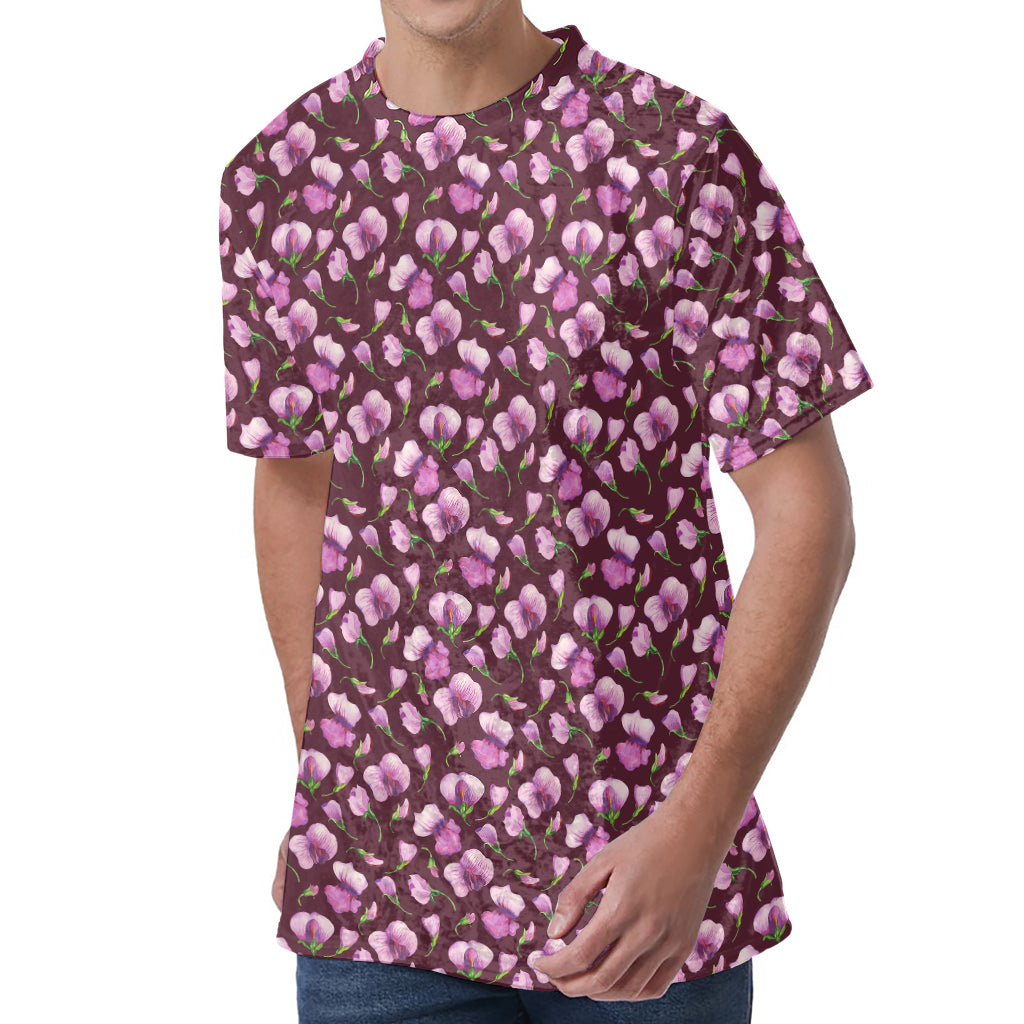 Watercolor Sweet Pea Pattern Print Men's Velvet T-Shirt