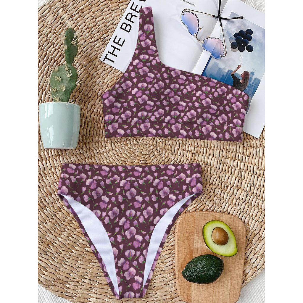 Watercolor Sweet Pea Pattern Print One Shoulder Bikini Top