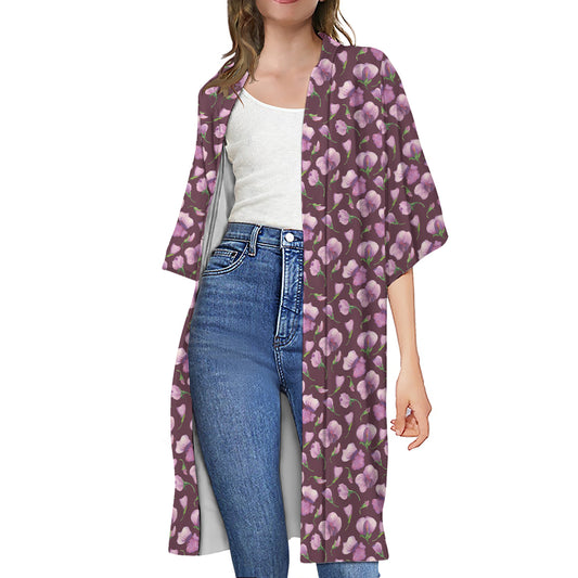 Watercolor Sweet Pea Pattern Print Open Front Beach Cover Up