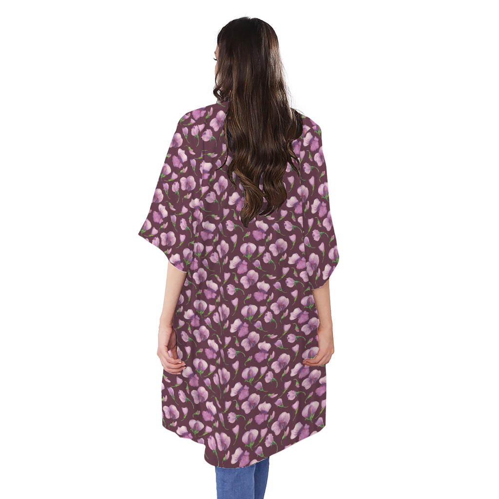 Watercolor Sweet Pea Pattern Print Open Front Beach Cover Up