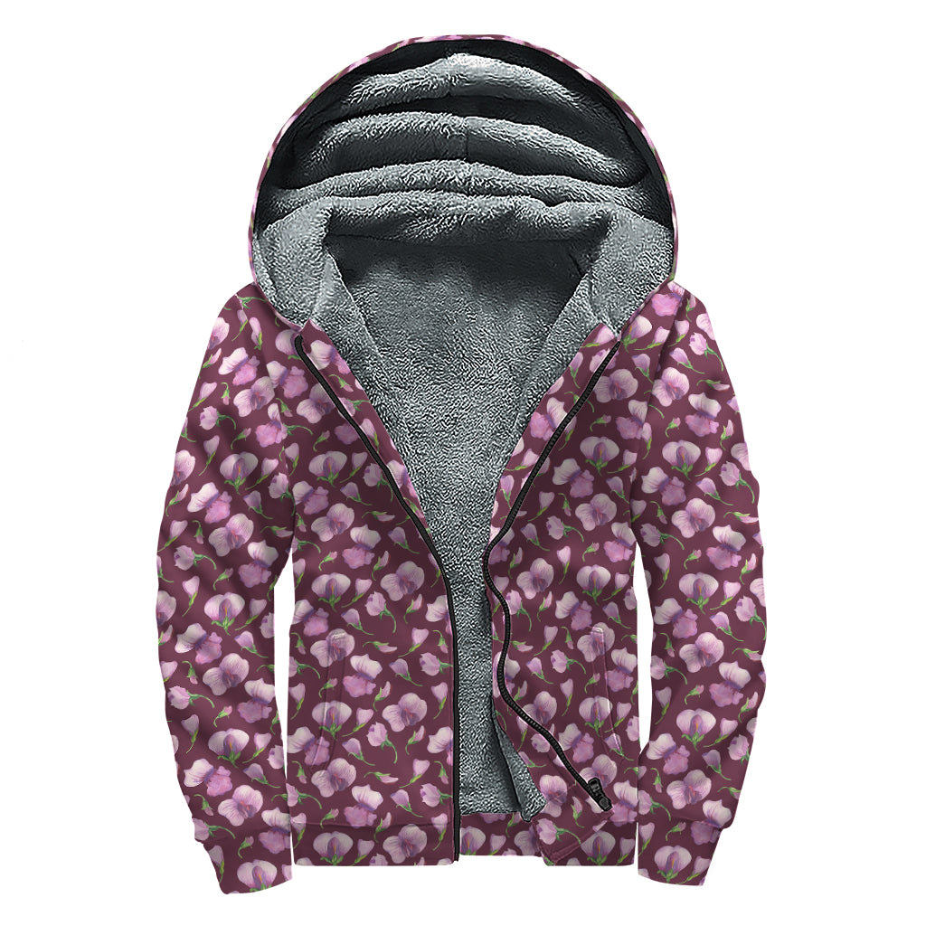 Watercolor Sweet Pea Pattern Print Sherpa Lined Zip Up Hoodie