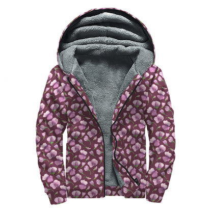 Watercolor Sweet Pea Pattern Print Sherpa Lined Zip Up Hoodie