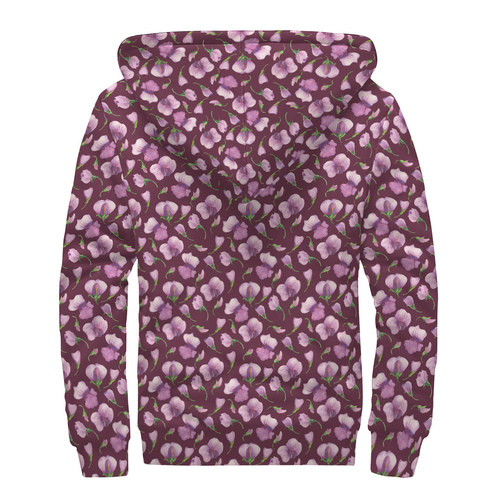 Watercolor Sweet Pea Pattern Print Sherpa Lined Zip Up Hoodie