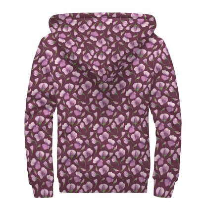 Watercolor Sweet Pea Pattern Print Sherpa Lined Zip Up Hoodie