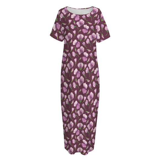 Watercolor Sweet Pea Pattern Print Short Sleeve Long Nightdress