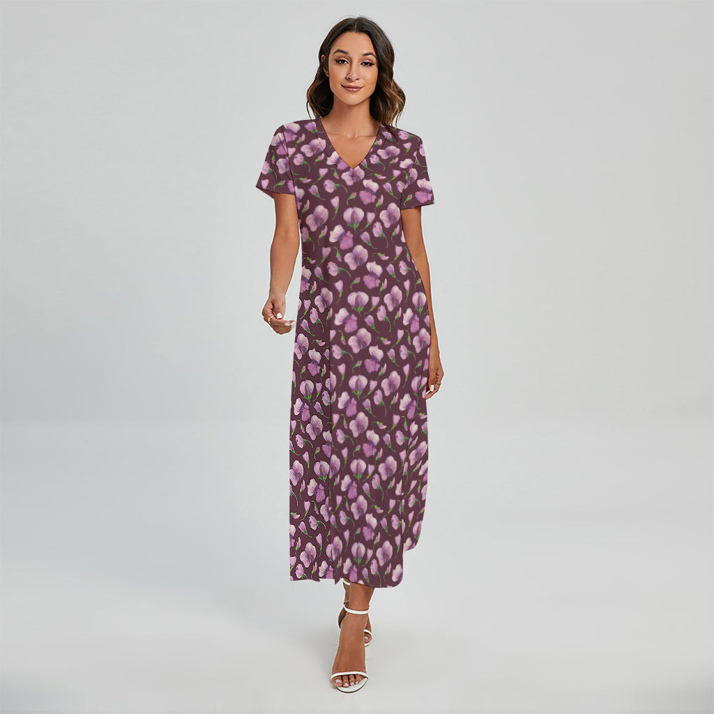 Watercolor Sweet Pea Pattern Print Short Sleeve Maxi Dress