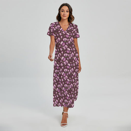 Watercolor Sweet Pea Pattern Print Short Sleeve Maxi Dress
