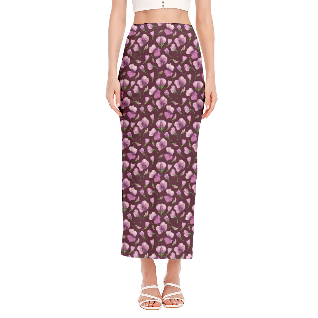 Watercolor Sweet Pea Pattern Print Side Slit Maxi Skirt
