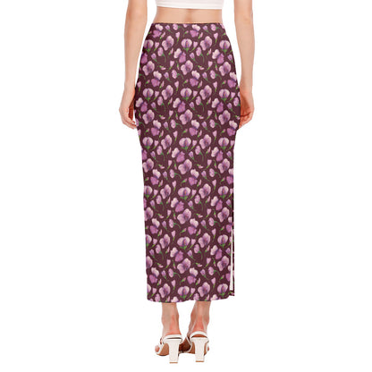 Watercolor Sweet Pea Pattern Print Side Slit Maxi Skirt