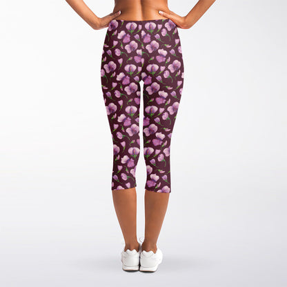 Watercolor Sweet Pea Pattern Print Women's Capri Leggings