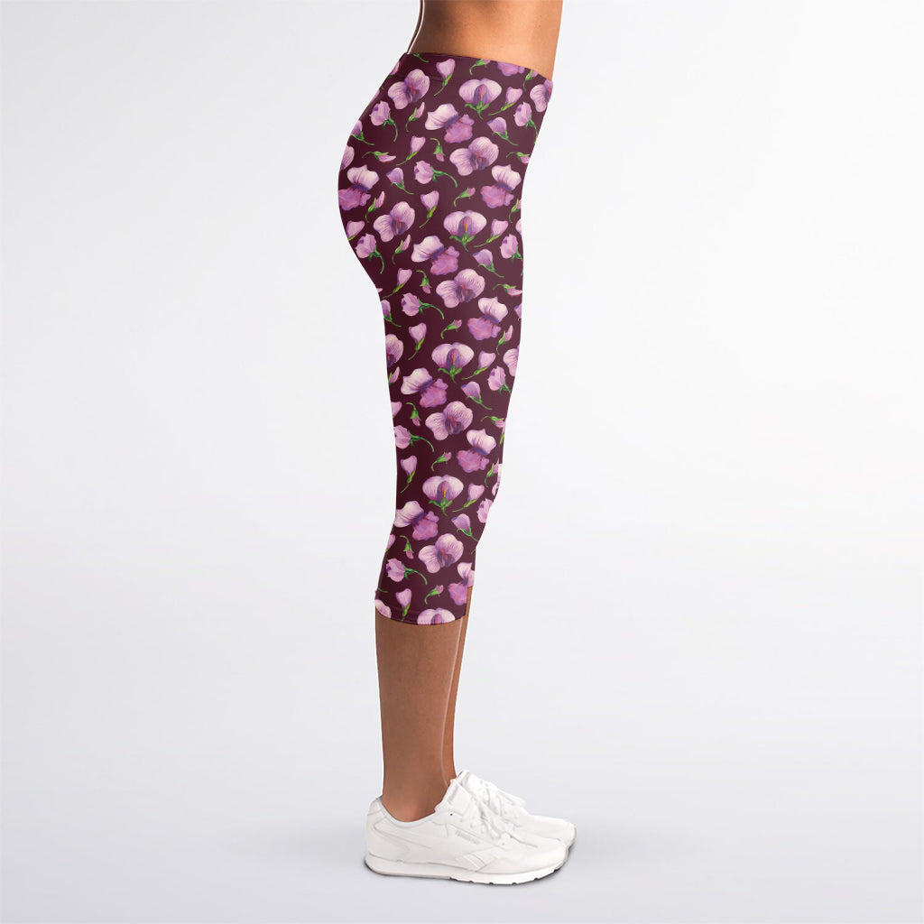 Watercolor Sweet Pea Pattern Print Women's Capri Leggings