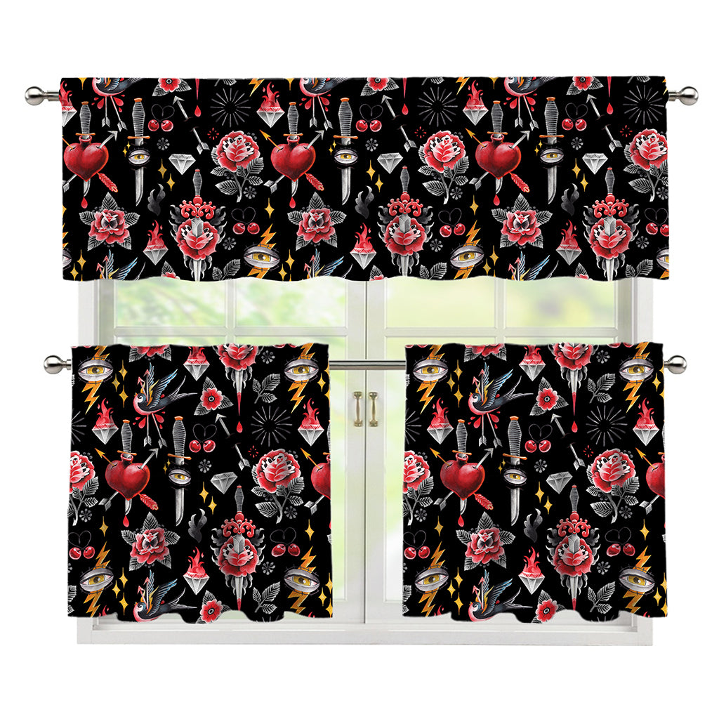 Watercolor Tattoo Print 3 Piece Kitchen Curtains