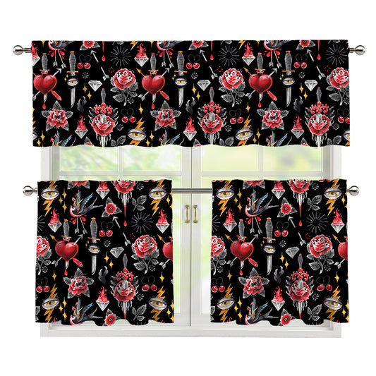 Watercolor Tattoo Print 3 Piece Kitchen Curtains