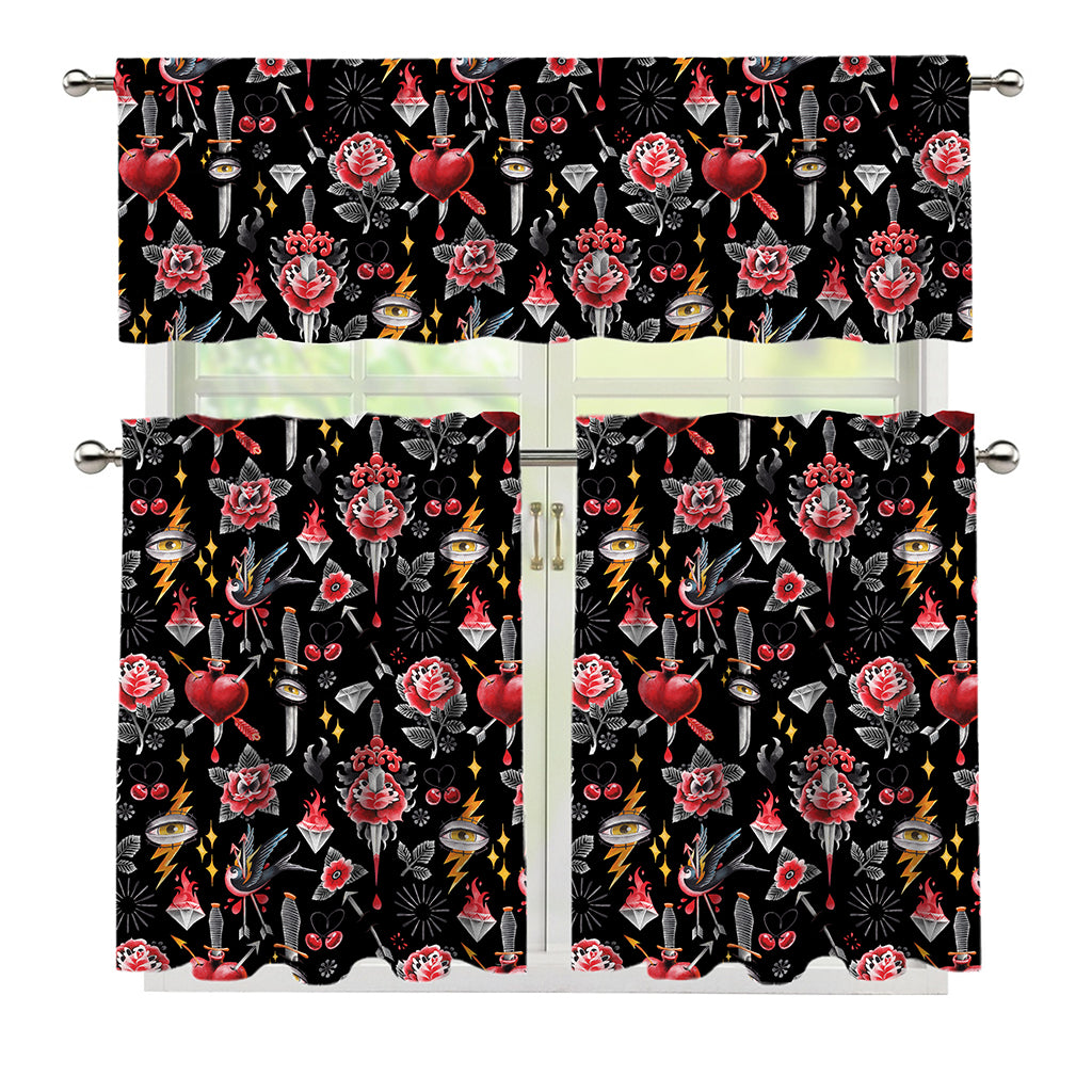 Watercolor Tattoo Print 3 Piece Kitchen Curtains