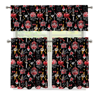 Watercolor Tattoo Print 3 Piece Kitchen Curtains