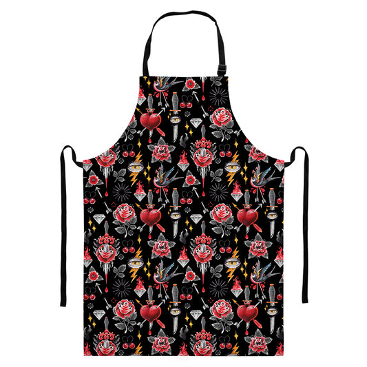 Watercolor Tattoo Print Bib Apron With Pocket