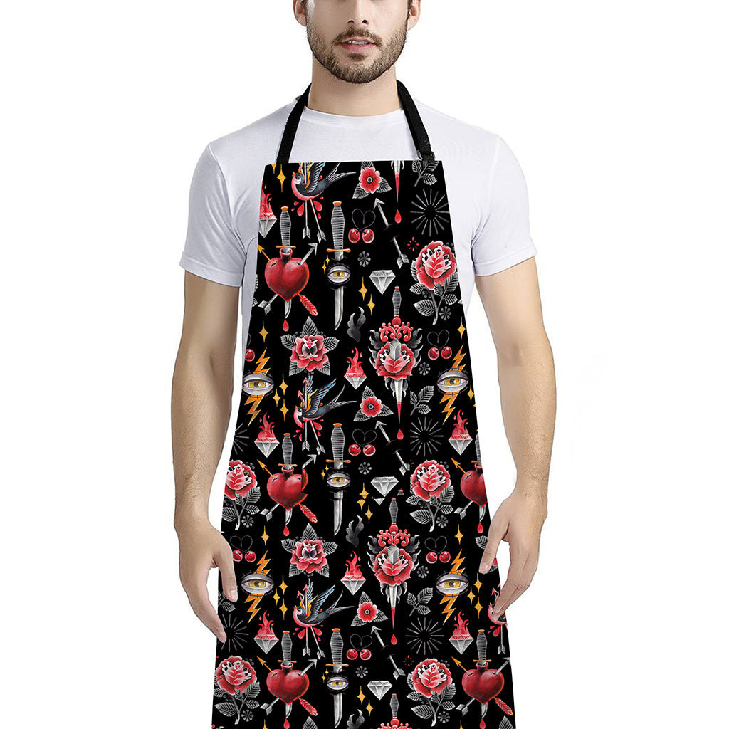 Watercolor Tattoo Print Bib Apron With Pocket