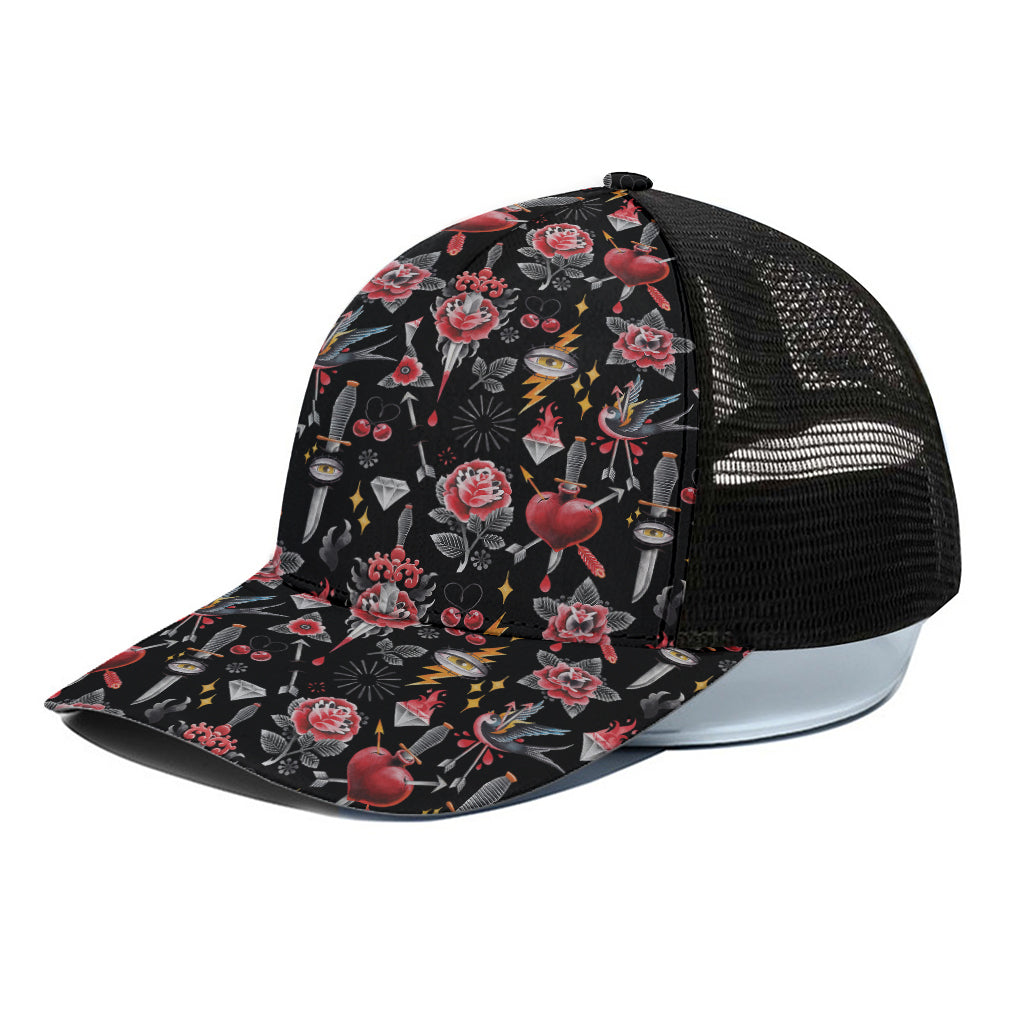 Watercolor Tattoo Print Black Mesh Trucker Cap