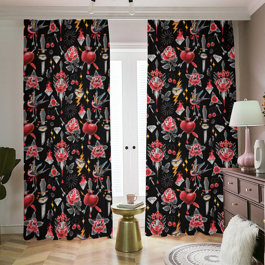 Watercolor Tattoo Print Blackout Pencil Pleat Curtains