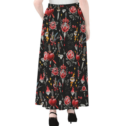 Watercolor Tattoo Print Chiffon Maxi Skirt