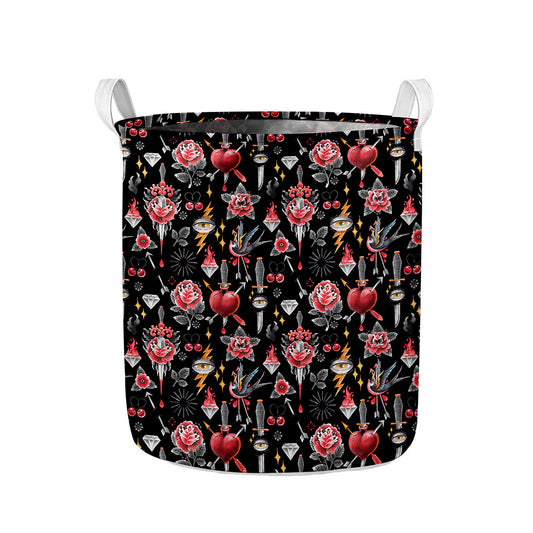 Watercolor Tattoo Print Collapsible Laundry Basket