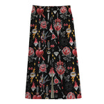 Watercolor Tattoo Print Cotton Front Slit Maxi Skirt