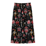 Watercolor Tattoo Print Cotton Front Slit Maxi Skirt