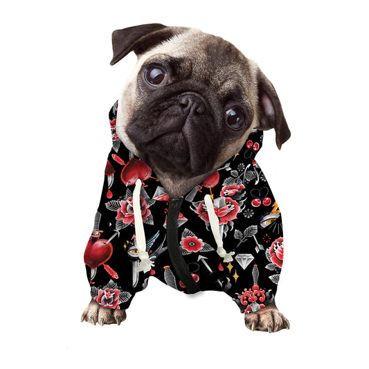 Watercolor Tattoo Print Dog Zip Up Hoodie