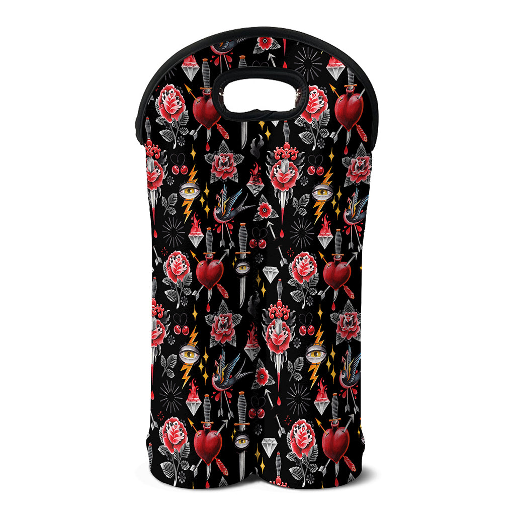 Watercolor Tattoo Print Double Neoprene Wine Tote