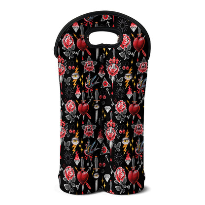 Watercolor Tattoo Print Double Neoprene Wine Tote