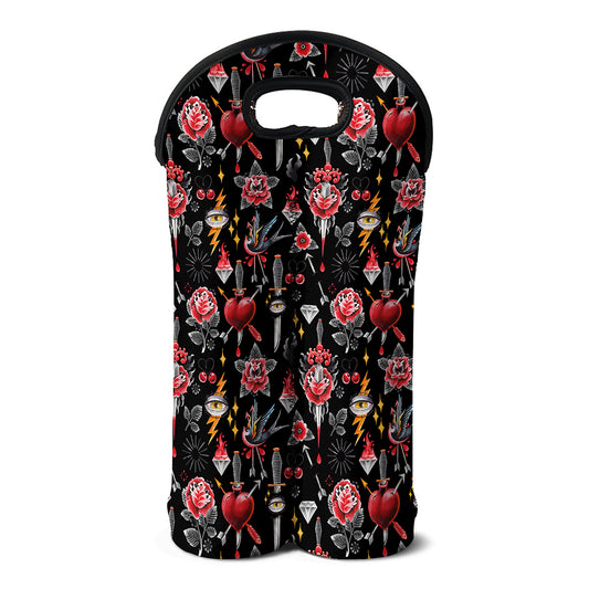 Watercolor Tattoo Print Double Neoprene Wine Tote