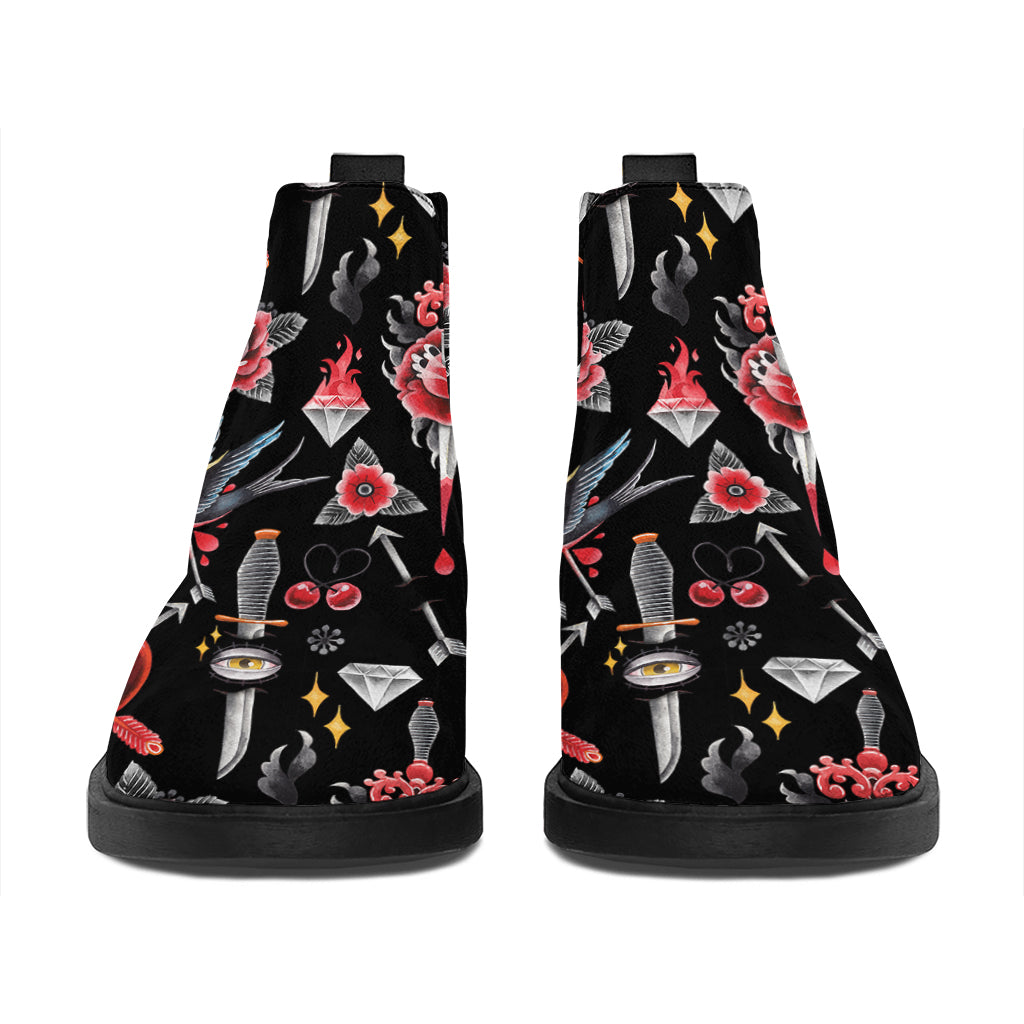 Watercolor Tattoo Print Flat Ankle Boots