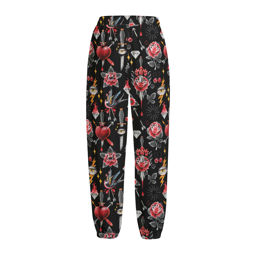 Watercolor Tattoo Print Fleece Lined Knit Pants