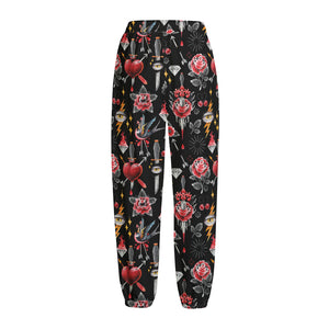 Watercolor Tattoo Print Fleece Lined Knit Pants