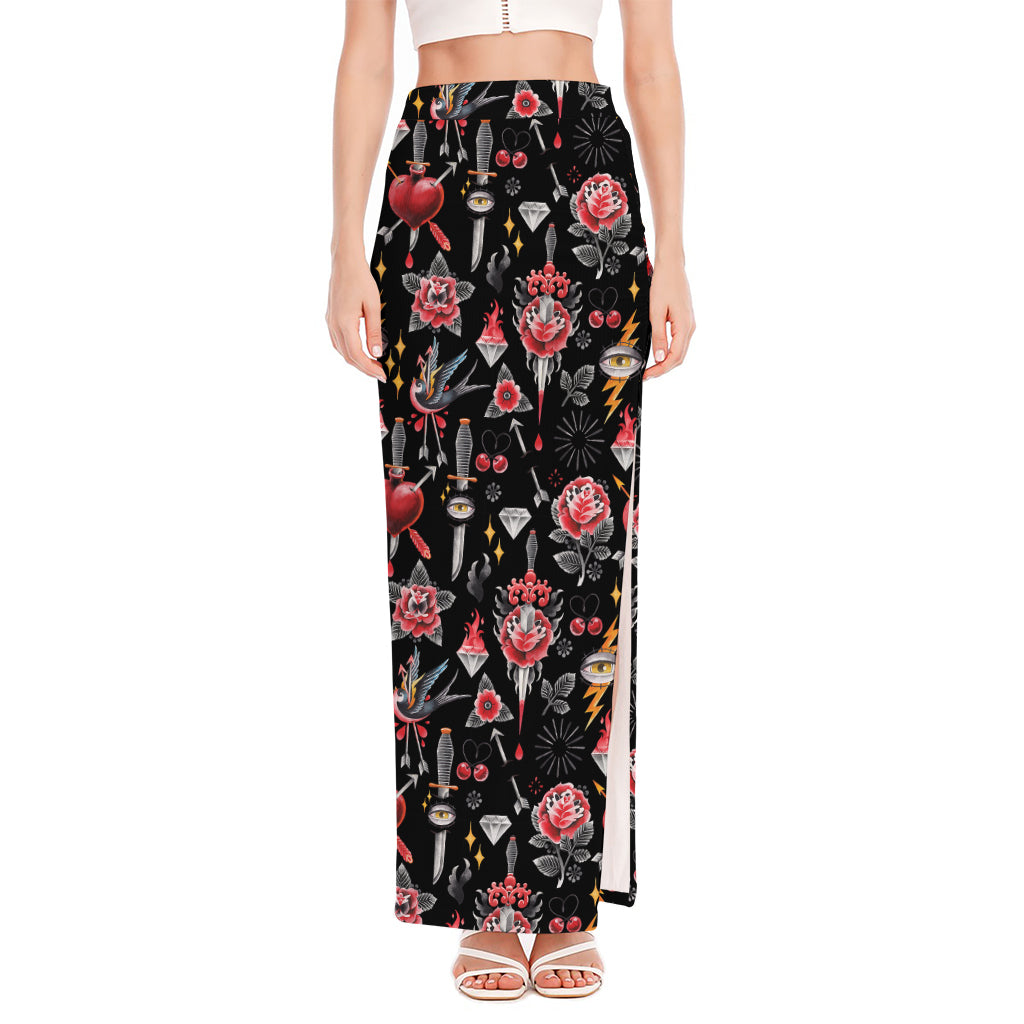 Watercolor Tattoo Print High Slit Maxi Skirt