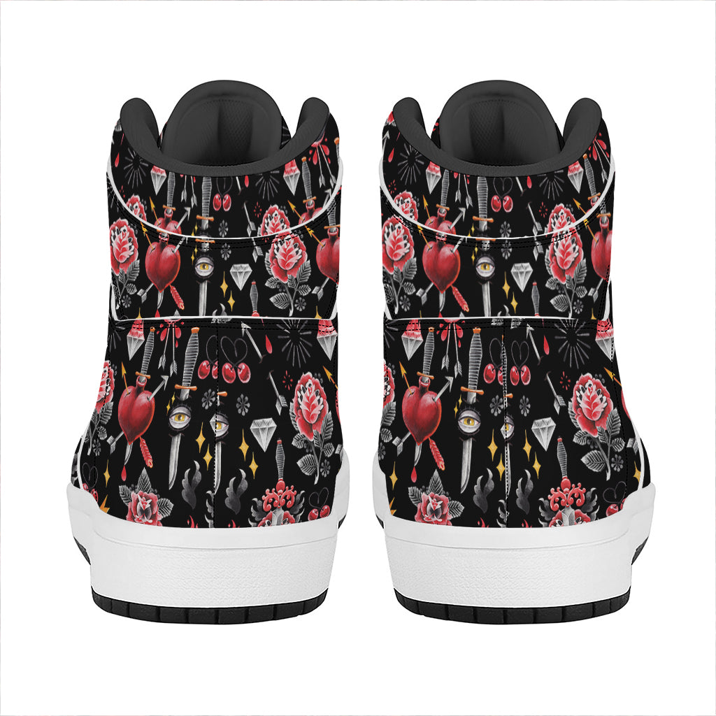 Watercolor Tattoo Print High Top Leather Sneakers