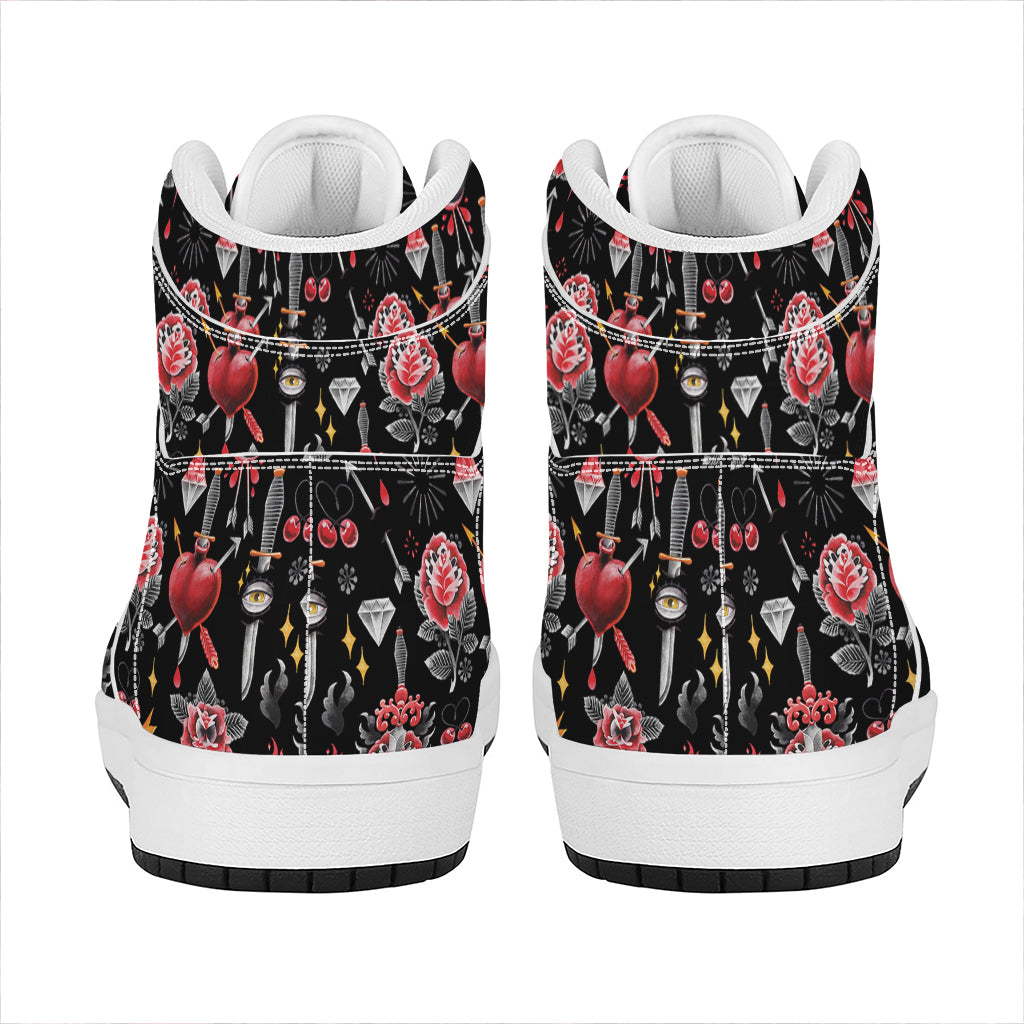 Watercolor Tattoo Print High Top Leather Sneakers