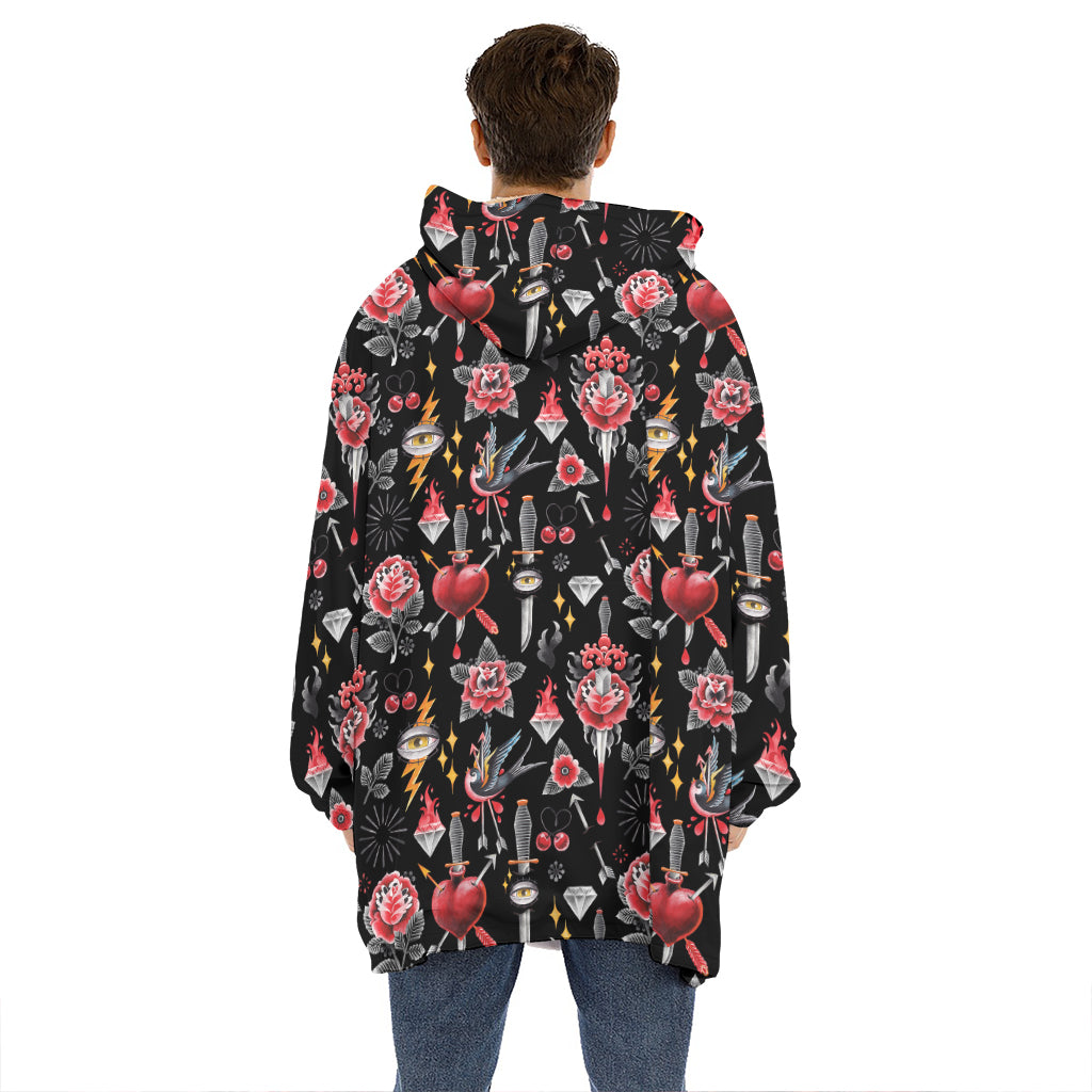 Watercolor Tattoo Print Hoodie Blanket