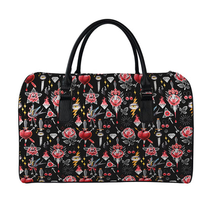 Watercolor Tattoo Print Leather Duffle Bag