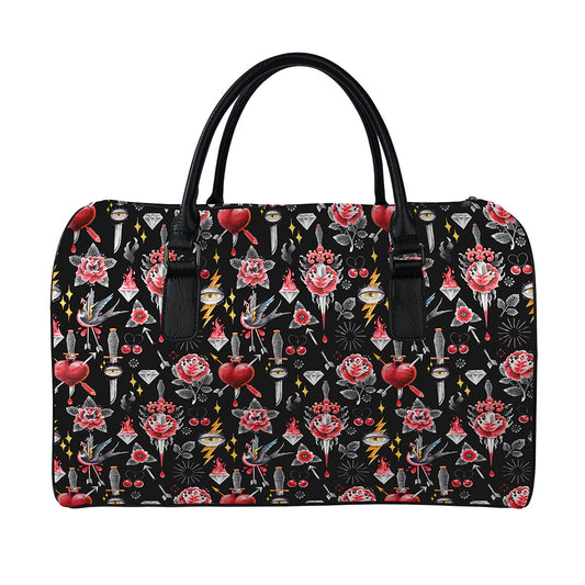 Watercolor Tattoo Print Leather Duffle Bag