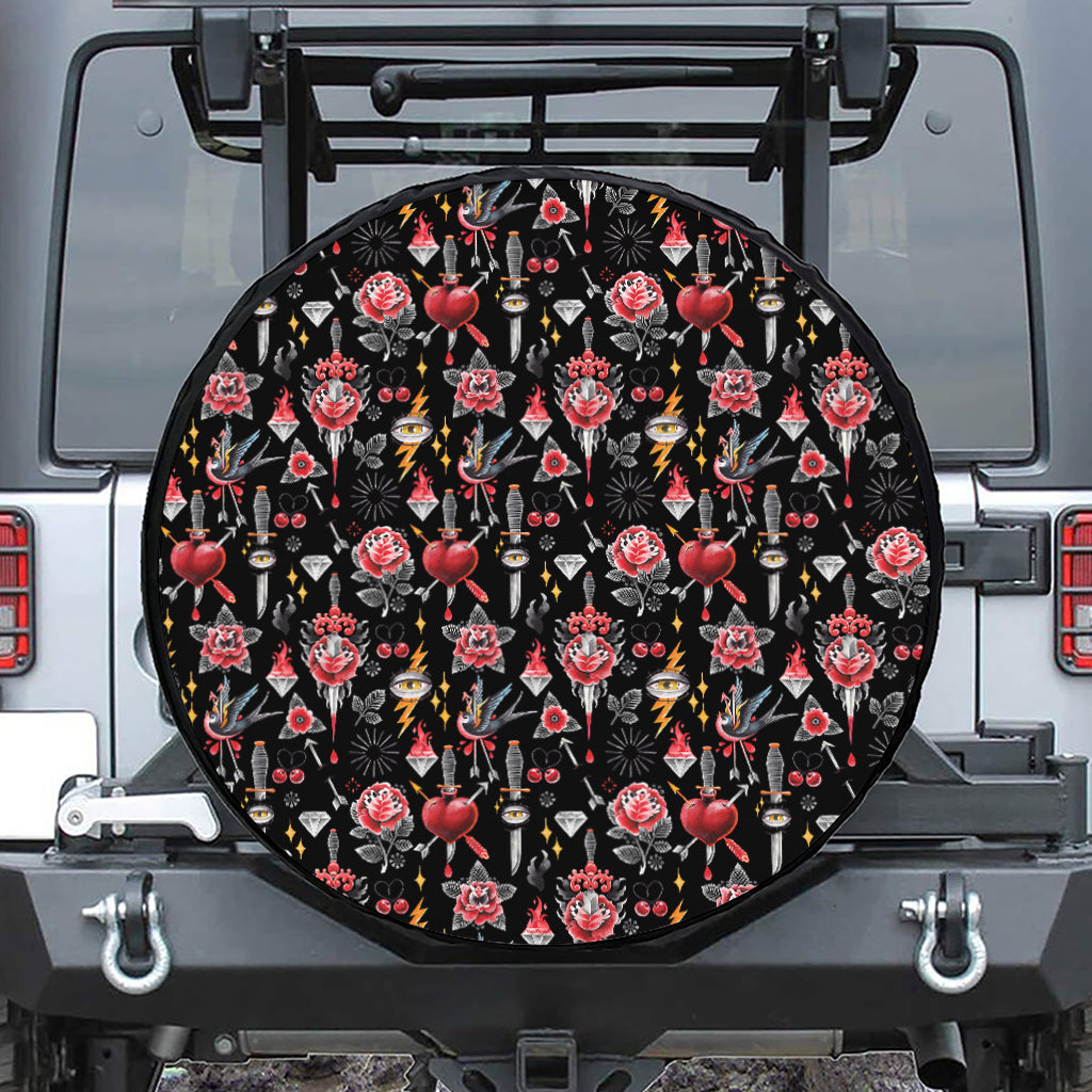 Watercolor Tattoo Print Leather Spare Tire Cover