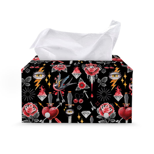 Watercolor Tattoo Print Leather Tissue Box Cover